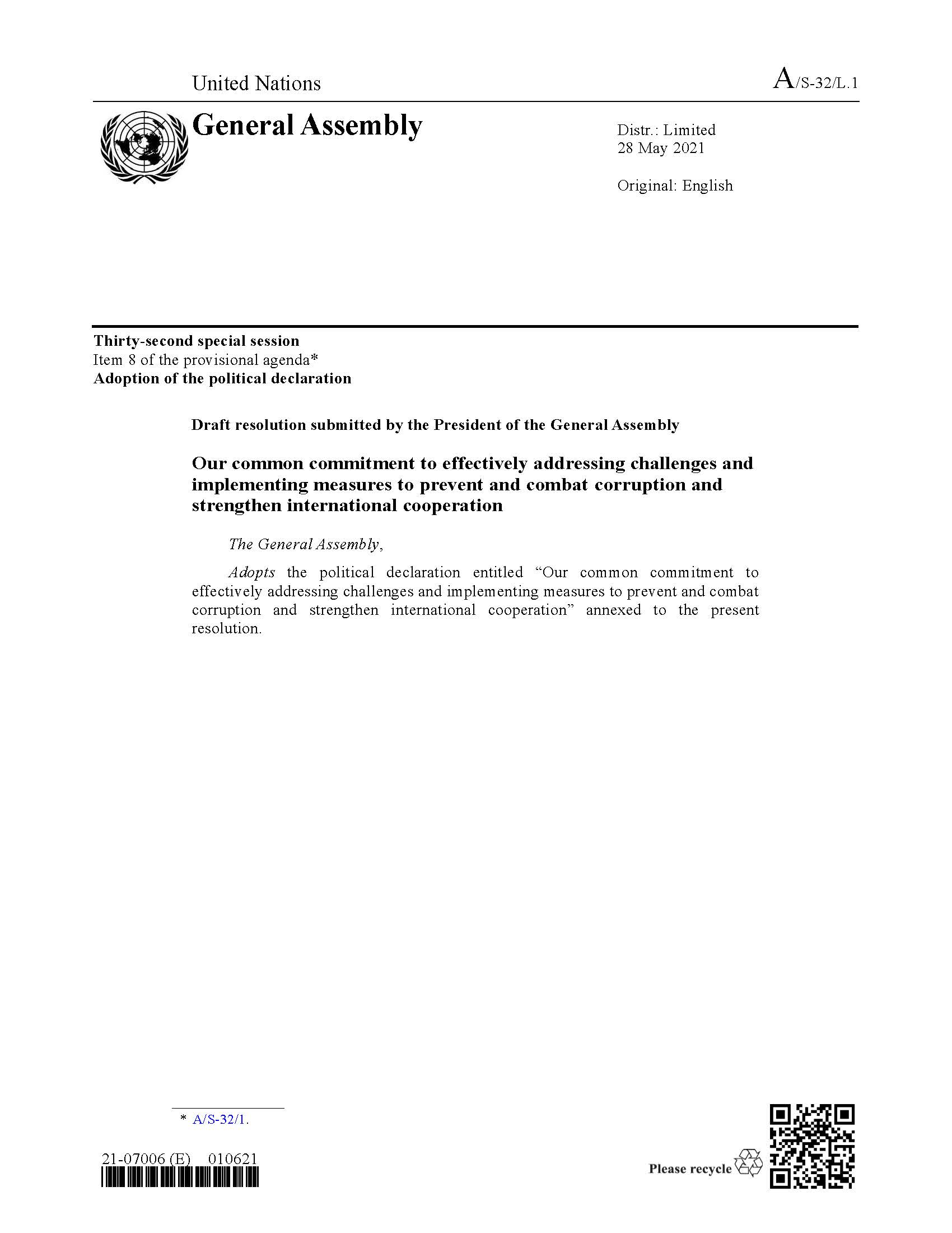 Cover page of UNGASS Corruption 2021 Political Declaration