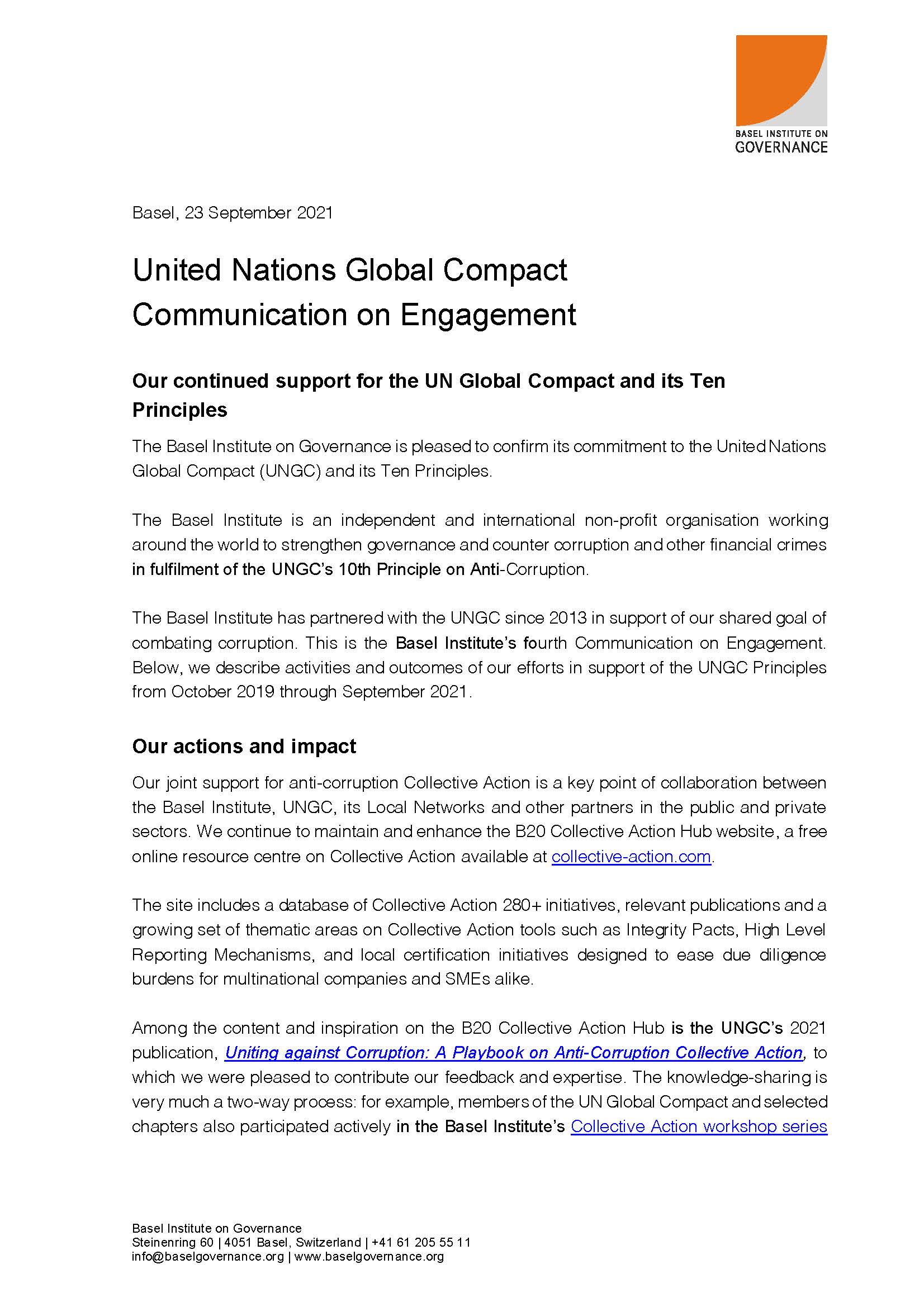 UNGC Communication on Engagement - Basel Institute
