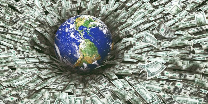 Green corruption - globe falling into a bed of dollars